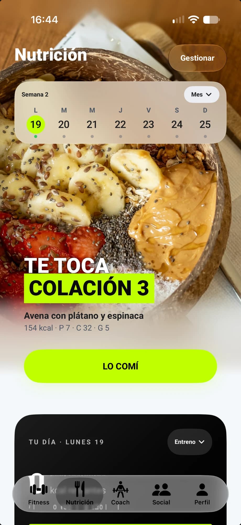 Pantalla de mio con el calendario del plan de alimentación y la comida del día.