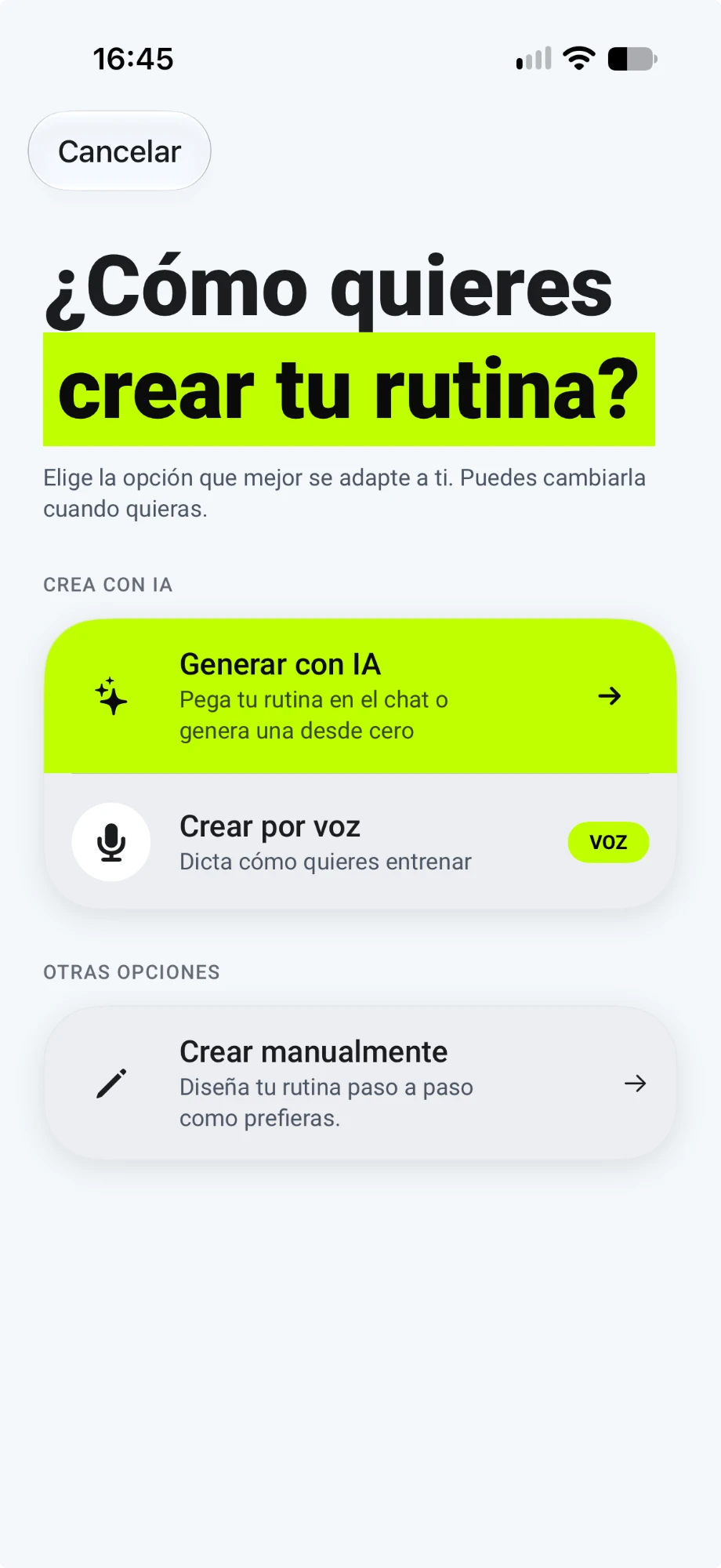 Pantalla de mio para crear una rutina con IA, por voz o a mano.